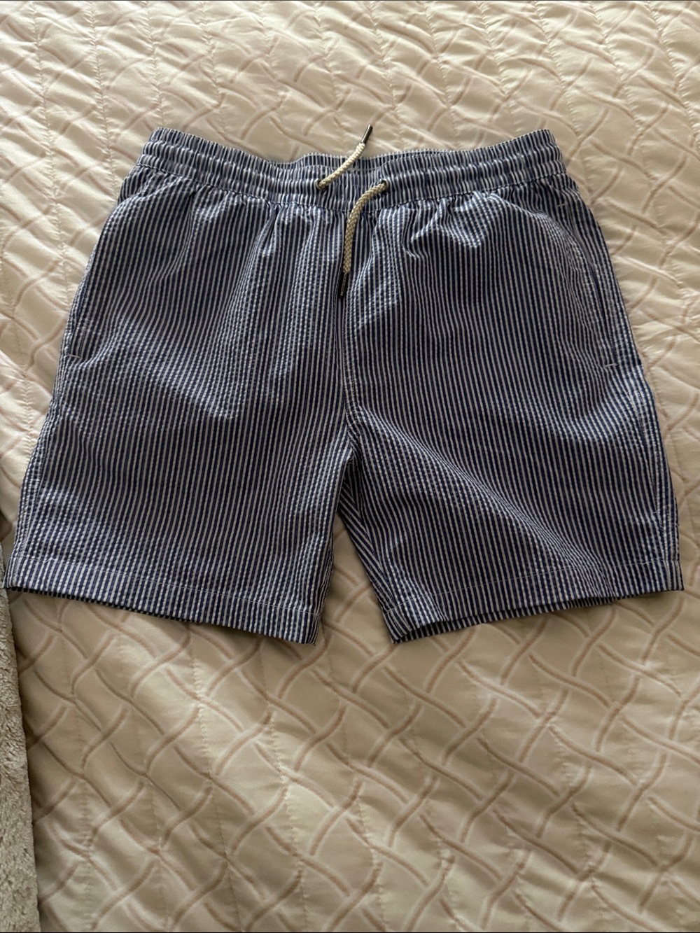 Fair Harbor Kids Navy and White Seersucker Swim Trunks